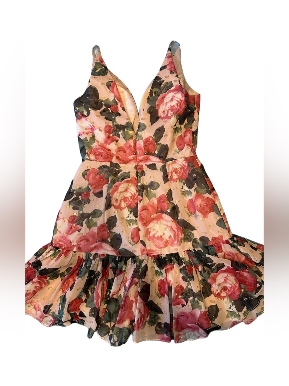 Floral Ruffle Dress Pink Rose Gold Metallic Fit & Flare Party Dress S/XS - Picture 3 of 4